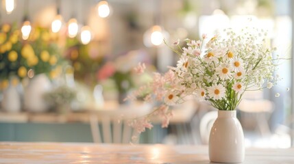 A close-up shot of a vase filled with white daisies and babys breath on a wooden table, with a blurred background of a cafe or restaurant.