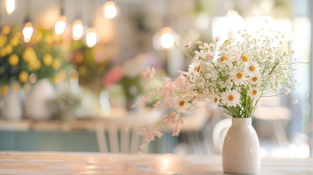 A close-up shot of a vase filled with white daisies and babys breath on a wooden table, with a blurred background of a cafe or restaurant.