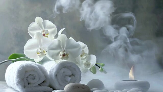 Luxury spa scene with white rolled towels, orchid flowers and burning candle.Relaxation, wellness, beauty salons concept.