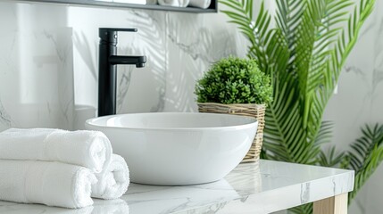 a modern washbasin, potted plant, and stacked towels on a white marble countertop, complemented by a wooden rack on the adjacent wall.