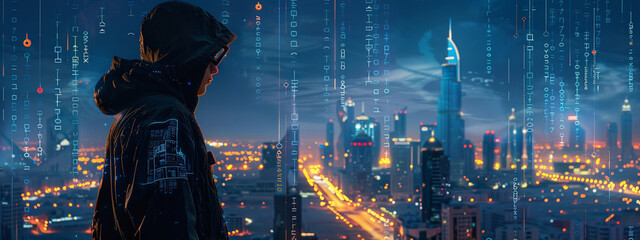 Artificial Intelligence Cybersecurity Threat: Illustration of a hooded man using augmented reality in Riyadh.