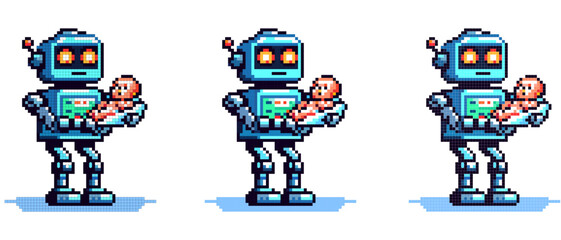A pixelated illustration of a caring robot holding a baby, symbolizing futuristic child care and the caring side of technology.