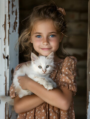 Retrato de una ni&ntilde;a abrazando un gato
