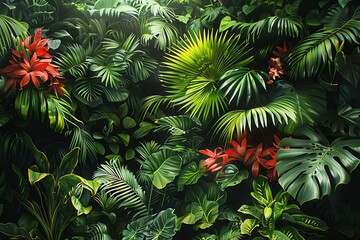 Tropical rainforest with lush greenery, exotic plants, vibrant colors, photo realism