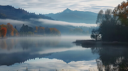 Tranquil scene foggy mountain reflects autumn dawn, AI Generative.