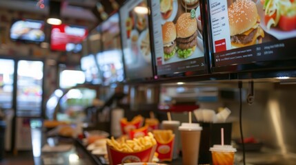 A close-up shot of a fast food restaurant counter with digital menus displaying cheeseburgers, fries, and drinks.