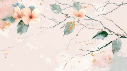 A delicate composition featuring soft pastel tones with flowers, golden lines, and ink splatter textures on a creamy background
