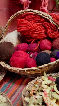 Basket of Alpaca and Llama Wool Dyed with Natural Colors. Naturally Dyed Wool Yarn