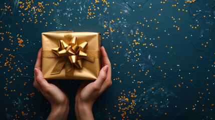 Woman holding a golden gift box with a ribbon on a blue background with golden confetti, perfect for christmas or birthday