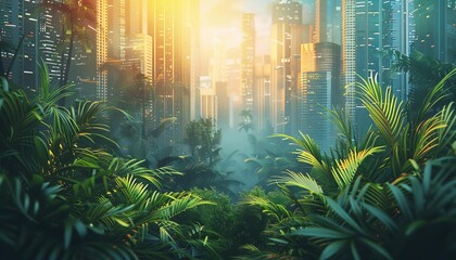 Obraz premium Urban jungle with skyscrapers and greenery, vibrant colors, high contrast, photo realism