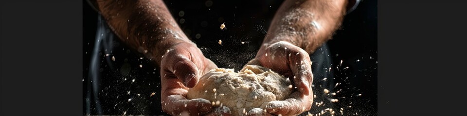 Fototapeta premium Hands of a baker kneading dough isolated on a black background. prepares ecologically natural baked goods. 