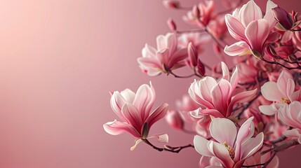 magnolia flowers on a pink background, copy space for text, banner design, detailed and intricate with small details, in the style of different artists.