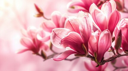 Fototapeta premium magnolia flowers on a pink background, copy space for text, banner design, detailed and intricate with small details, in the style of different artists.