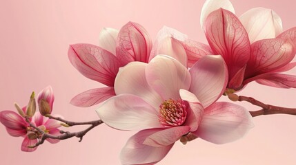 magnolia flowers on a pink background, copy space for text, banner design, detailed and intricate with small details, in the style of different artists.