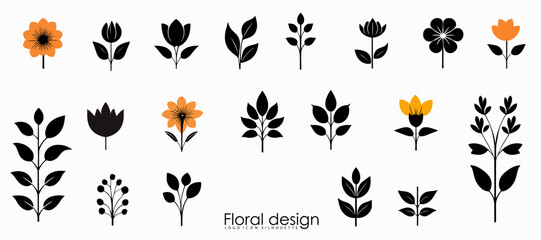 Set of flowers and plants. Black and white symbol, yellow details. Elegant symbols, icon and logo idea. 