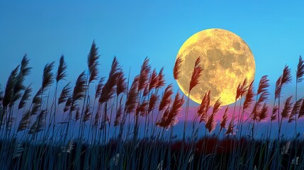   A full moon rising over a field of tall grass against a blue sky backdrop