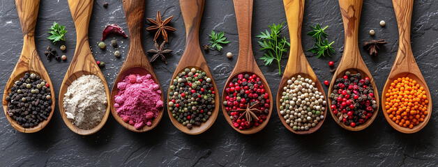 wide horizontal background image of spices in spoons, flat lay photo of different spices filled spoons on black background  - Powered by Adobe