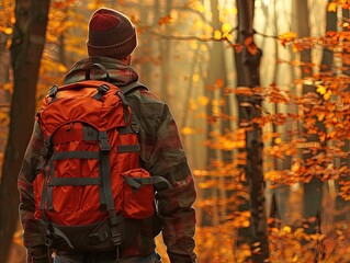 Serene Autumnal Forest Hike with Camouflaged Adventurer