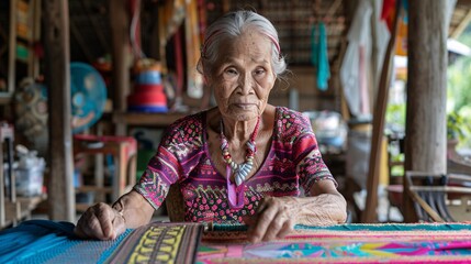 Tranquil Moments: Elderly Thai Woman Weaving Traditional Patterns in Rustic Village with Soft Natural Light, Skill, and Contentment