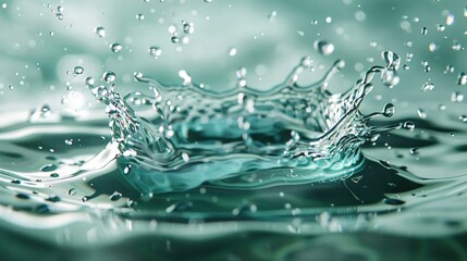   A close-up of a water droplet on a body of water's surface with a blue sky in the background
