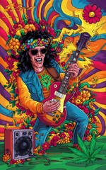 a psychedelic, cartoon illustration of of a 1970s, rockstar, gig poster, acid trip, drugs, marijuana, drugs, music, rock and roll, hippie, lightning bolts, flowers, Trippy, Vibrant, Groovy, Colorful, 