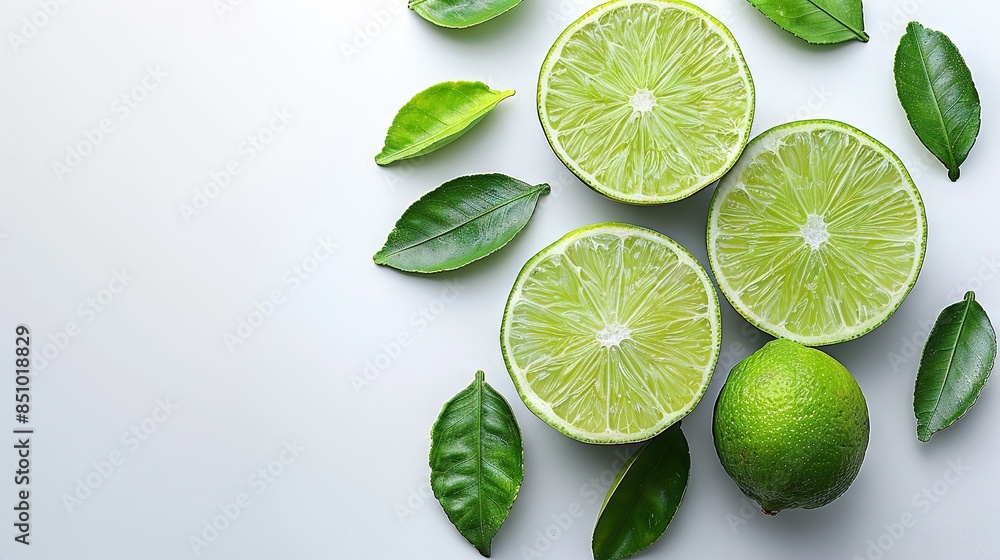 Wall mural   A cluster of limes surrounded by green foliage on a white background with a soft blue background