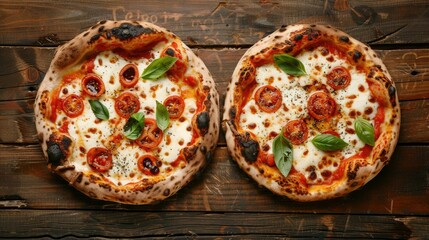 Two delicious looking pizzas on a dark wooden table, one with tomatoes and basil, the second pizza is plain, surrounded by fresh tomatoes, garlic, mozzarella cheese, flour in a small bowl.