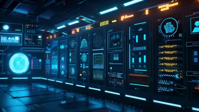 Futuristic control room with cybersecurity measures implemented in the SCADA system. Glowing screens with control panel with firewall status indicators