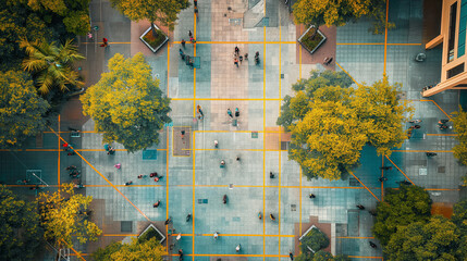 People walking around city square with trees aerial view