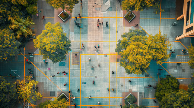 People walking around city square with trees aerial view