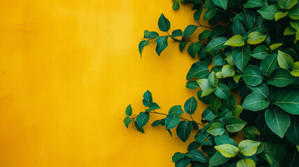 Green creeper plant growing on yellow wall background