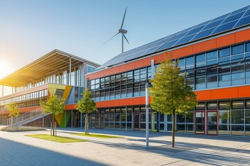 Obraz premium A Modern School Building With Solar Panels And Wind Turbines, Sustainable Environment, Sustainable Electricity, Electric Source, Green Wind Energy
