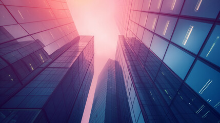 Modern glass buildings reflecting sunlight in business district