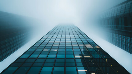 Modern office buildings disappearing in foggy sky