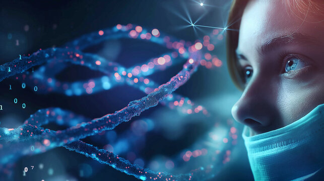 Scientist wearing surgical mask analyzing dna strands with genetic data in the background