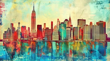 A vibrant and colorful illustration of New York City's iconic skyline with a reflection on the water, featuring the Empire State Building