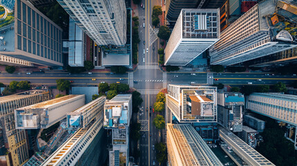 Fototapeta premium Modern city street intersection surrounded by skyscrapers at sunset