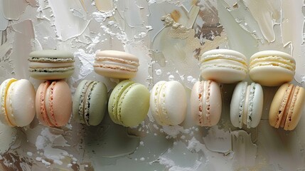 Fototapeta premium A cluster of macaroons perched on a white table beside one another on a windowsill