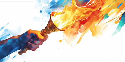Abstract watercolor illustration with human hand holding torch with flame on white background. Olympics Games Fire. Opening ceremony. Summer Sports game victory symbol. Peace and hope