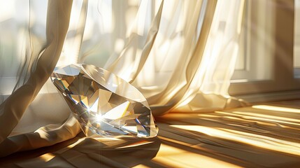 A large diamond-shaped crystal trophy sits on the table as sunlight streams through the white curtains. In the background there is soft lighting and blurry textures of fabric and glass.