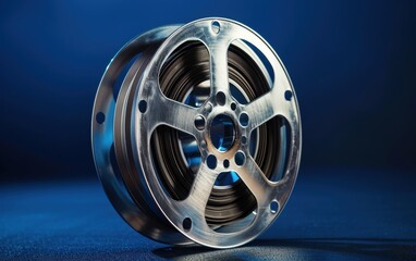 Obraz premium A silver film reel on a dark blue background, representing the motion picture industry Generative AI