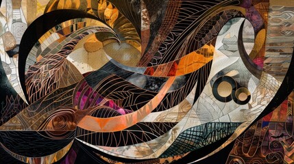Lines and shapes in abstract tapestry adorned with ancient currency-like patterns