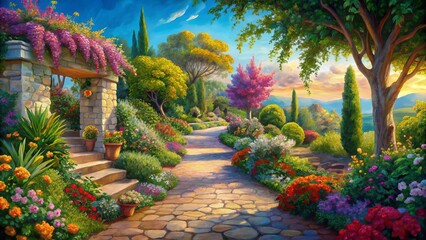 Fototapeta premium A beautiful Mediterranean garden landscape in realistic illustration: the perfect background image for your project. 