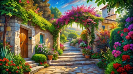 Fototapeta premium Amazingly realistic illustration of a Mediterranean garden: a wonderful backdrop for your design. 
