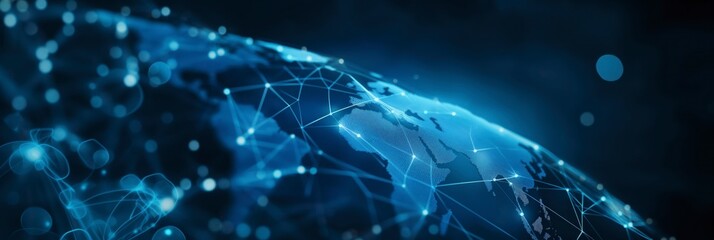 Obraz premium Abstract global network concept with blue world map and glowing connections against a dark background.
