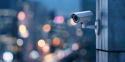A close-up shot of an outdoor security camera on the side of a modern building, with city lights blurred in the background.