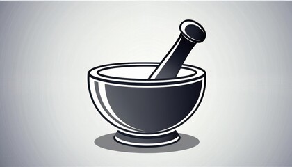 A simple, minimalist black and white illustration of a mortar and pestle on a light gray background.