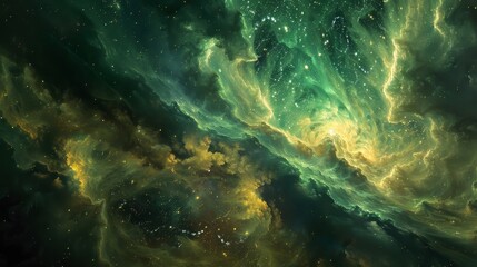Obraz premium Nebulae and cosmic dust tinged with green and gold hinting at financial possibilities