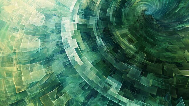 Abstract layers resembling financial algorithm with green and blue gradients for prosperity