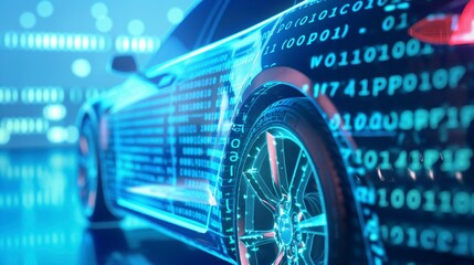 Digital car with a blue data code background, technology concept of electric vehicle, binary numbers, futuristic clean tech